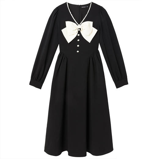 西遇V领连衣裙女早春2023年新款复古法式蝴蝶结小黑裙10120073 商品图4