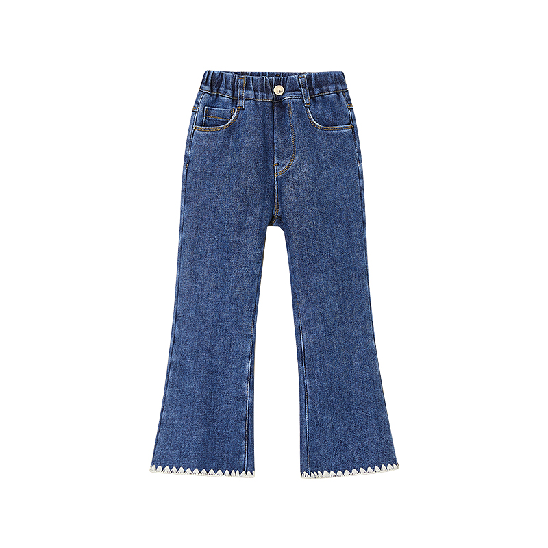 littletime女童牛仔裤冬季加绒加厚2021秋冬新款贝壳边儿童喇叭裤