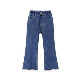 littletime女童牛仔裤冬季加绒加厚2021秋冬新款贝壳边儿童喇叭裤