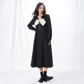 西遇V领连衣裙女早春2023年新款复古法式蝴蝶结小黑裙10120073