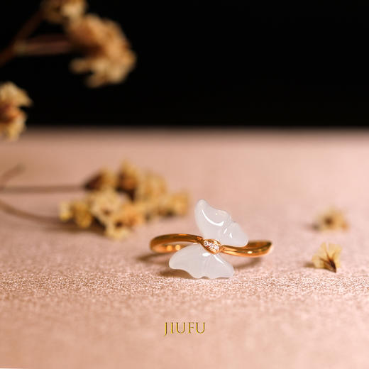 18K玫瑰金和田玉（白玉）镶钻戒指--蝶  /蝶形10*12mm（戒圈请留言备注） 商品图0