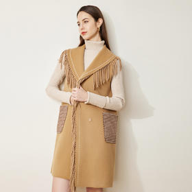 LH9T9斯尔丽2021新款秋冬瑟俪时尚流苏翻领百搭马甲外套通勤双面呢大衣