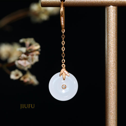 18K玫瑰金和田玉（白玉）镶钻耳环--竹报平安/小平安扣12*4.5mm/总长42mm/配镶钻石 商品图2