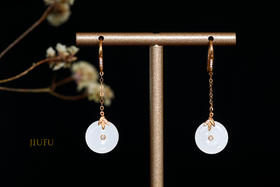 18K玫瑰金和田玉（白玉）镶钻耳环--竹报平安/小平安扣12*4.5mm/总长42mm/配镶钻石