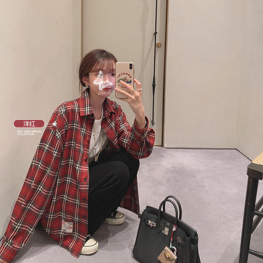 金蘑菇菇【tagtag标签衬衫】断码1色，特价 韩系休闲条纹格子长袖衬衫 商品图1