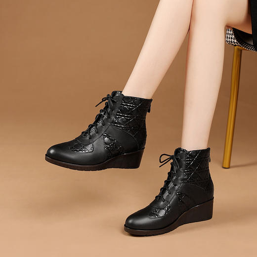 冬季坡跟圆头短靴女大码黑色米白色绒里中跟女靴RB-XYMk467 商品图0