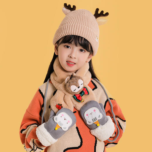 儿童围巾手套帽子圣诞可爱鹿角宝宝毛线帽加绒围脖三件套秋冬男女宝宝保暖围脖套头帽套装圣诞节礼物礼袋装 商品图3