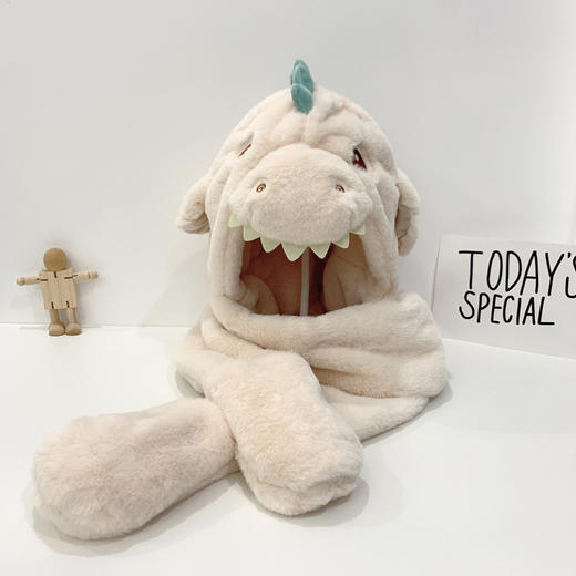 【一捏“就会动”】儿童帽子围巾套装冬季加厚毛绒一体帽男女童可爱恐龙套帽冬 商品图6