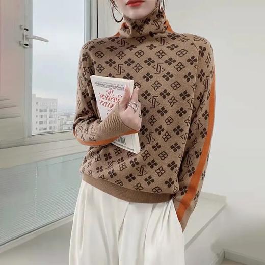 RWQ6613 2021秋冬新款复古洋气显瘦内搭撞色提花堆堆领打底衫毛衣女装 商品图2