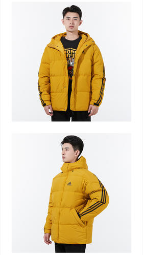 阿迪达斯运动套装男装 2021冬季新款经典条纹宽松连帽户外保暖羽绒服防风外套收口裤加绒长裤子 黄色-羽绒服H20757