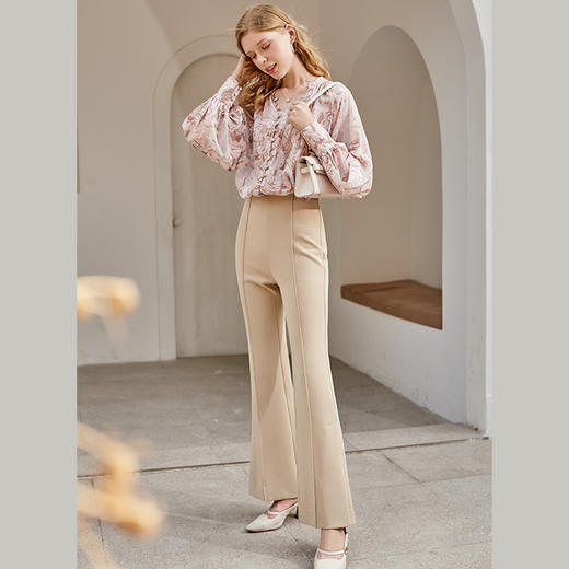 欧芮儿时尚简约开叉喇叭裤女2021冬季新款职业OL高腰休闲裤 商品图2