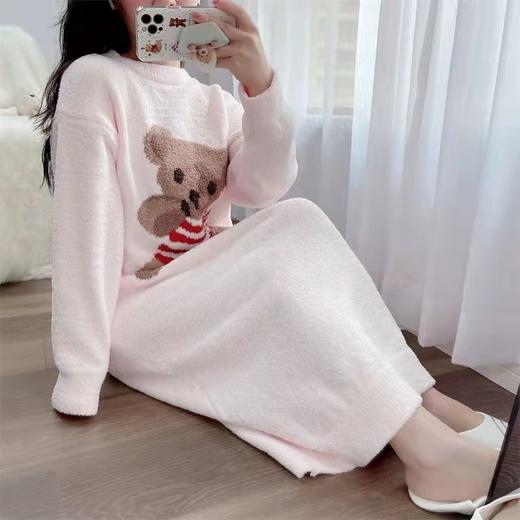睡衣女秋冬季长款珊瑚绒加绒加厚小熊宽松睡裙学生宿舍家居服套装 商品图5