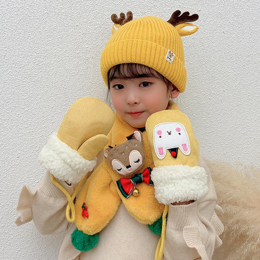 儿童围巾手套帽子圣诞可爱鹿角宝宝毛线帽加绒围脖三件套秋冬男女宝宝保暖围脖套头帽套装圣诞节礼物礼袋装 商品图1
