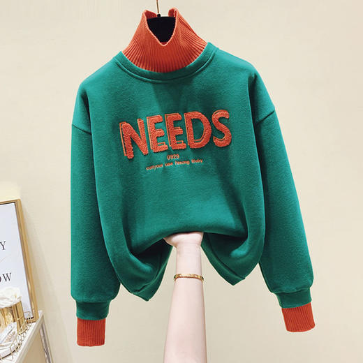 秋冬季加绒加厚卫衣女装2021新款潮韩版宽松半高领打底衫薄款上衣 商品图3