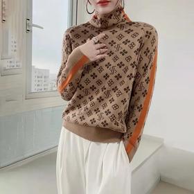 RWQ6613 2021秋冬新款复古洋气显瘦内搭撞色提花堆堆领打底衫毛衣女装