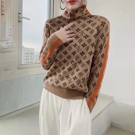 RWQ6613 2021秋冬新款复古洋气显瘦内搭撞色提花堆堆领打底衫毛衣女装 商品图0