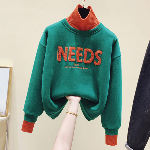 秋冬季加绒加厚卫衣女装2021新款潮韩版宽松半高领打底衫薄款上衣 商品图6