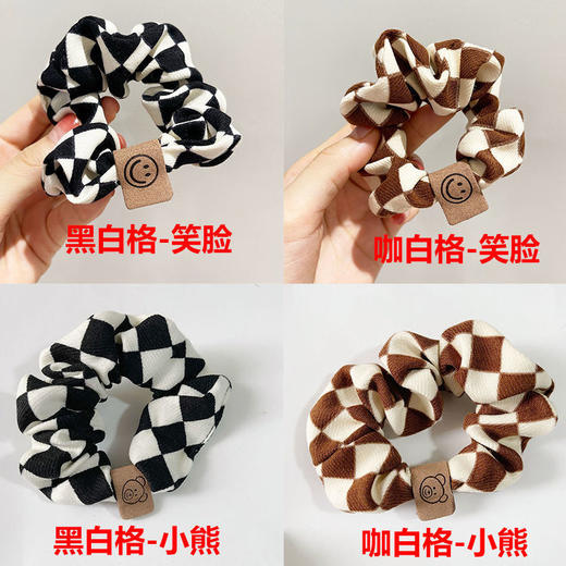 【两只装】网红韩国ins黑白格子大肠发圈棋盘格笑脸小熊头绳扎马尾皮筋秋冬发饰 商品图2