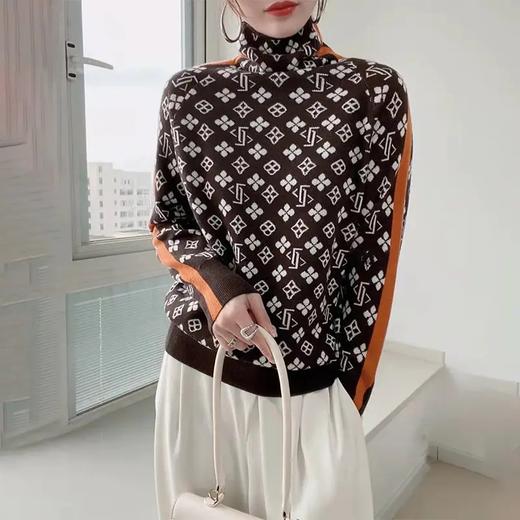 RWQ6613 2021秋冬新款复古洋气显瘦内搭撞色提花堆堆领打底衫毛衣女装 商品图3