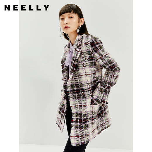 NEELLY纳俪格子毛呢外套女士秋冬季修身双排扣大衣格纹通勤百搭 商品图1