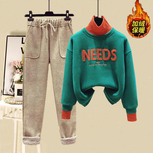 秋冬款加绒加厚高领重工毛巾绣假两件卫衣女+休闲直筒毛呢裤百搭 商品图5