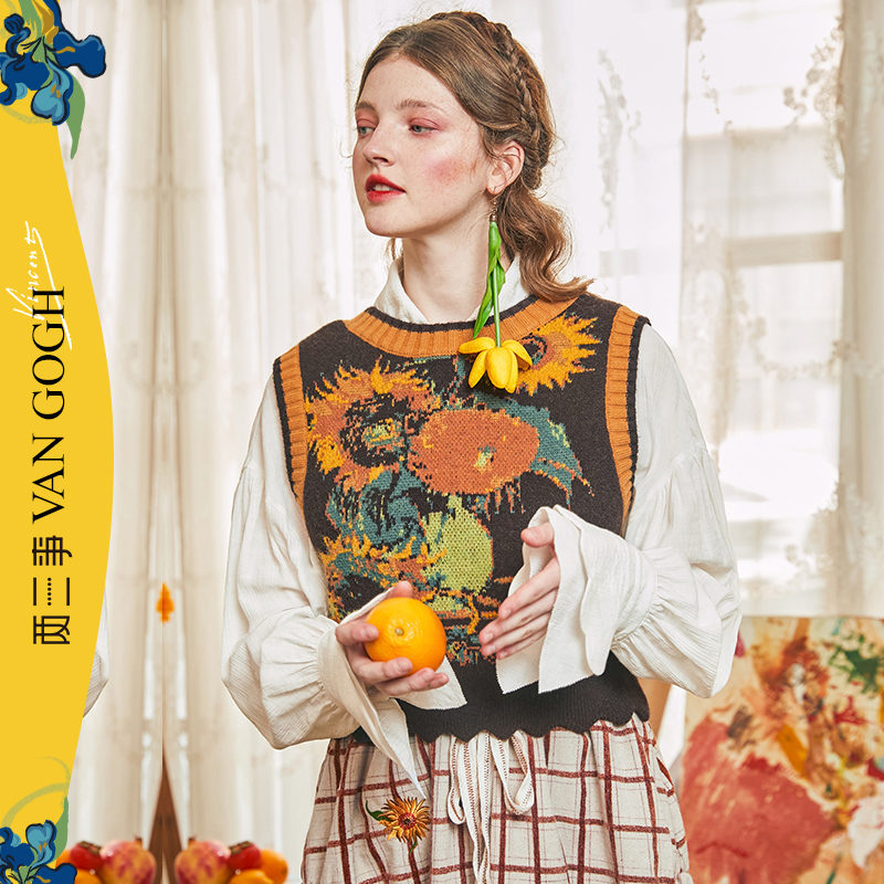 两三事梵高系列静美如秋叶冬新款无袖短款毛衣背心女复古慵懒