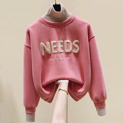 秋冬款加绒加厚高领重工毛巾绣假两件卫衣女+休闲直筒毛呢裤百搭 商品图7