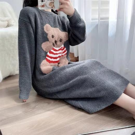 睡衣女秋冬季长款珊瑚绒加绒加厚小熊宽松睡裙学生宿舍家居服套装 商品图1