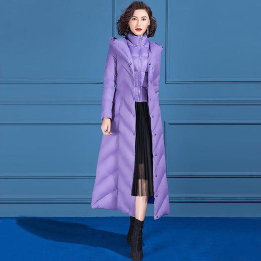 SSGS746长款羽绒服女长过膝2021年冬新款显瘦连帽白鸭绒冬季保暖紫色外套 商品图0