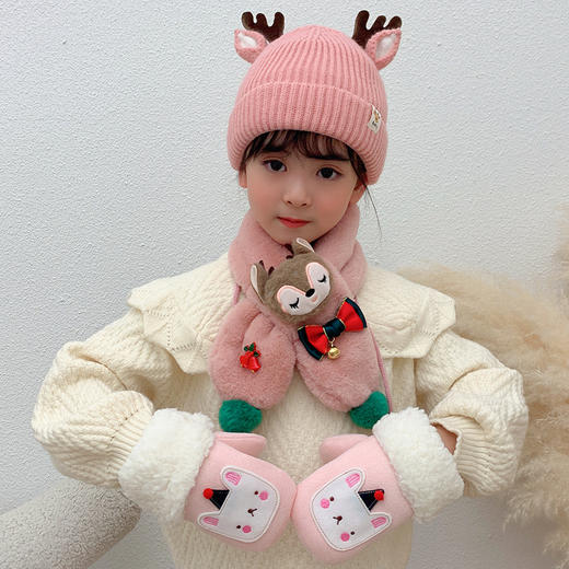 儿童围巾手套帽子圣诞可爱鹿角宝宝毛线帽加绒围脖三件套秋冬男女宝宝保暖围脖套头帽套装圣诞节礼物礼袋装 商品图4