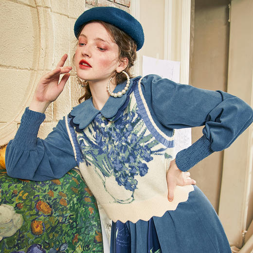 两三事梵高系列静美如秋叶冬新款无袖短款毛衣背心女复古慵懒 商品图1