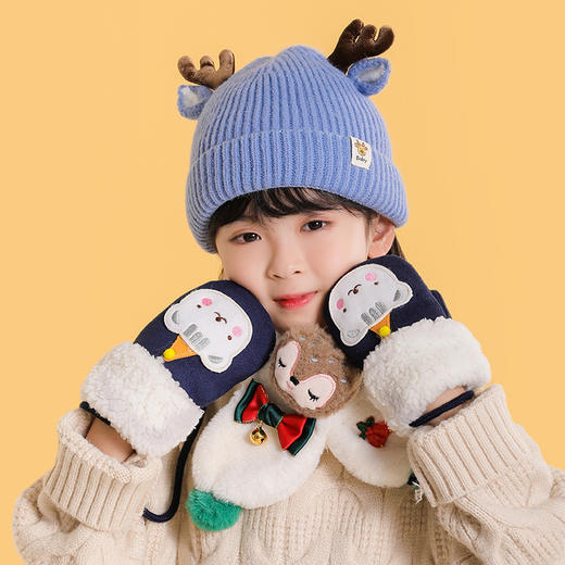 儿童围巾手套帽子圣诞可爱鹿角宝宝毛线帽加绒围脖三件套秋冬男女宝宝保暖围脖套头帽套装圣诞节礼物礼袋装 商品图2