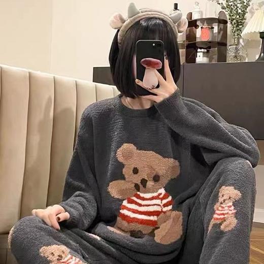 睡衣女秋冬季长款珊瑚绒加绒加厚小熊宽松睡裙学生宿舍家居服套装 商品图3