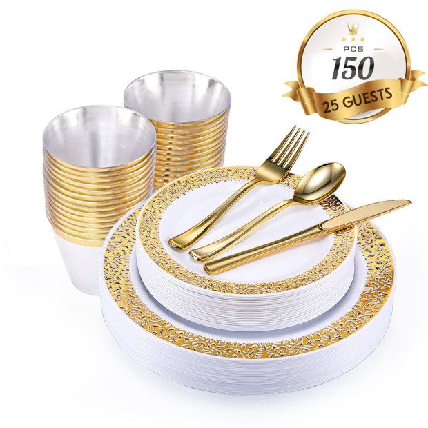 25 Gold Plastic Silverware 50 Gold Plastic Plates 50 Fancy Napkins Wedding or Party of 25 25 Gold Cups and Straws JOLLY CHEF 250 Piece Disposable Plastic Dinnerware 