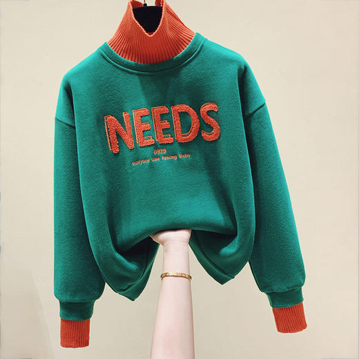 秋冬款加绒加厚高领重工毛巾绣假两件卫衣女+休闲直筒毛呢裤百搭 商品图8