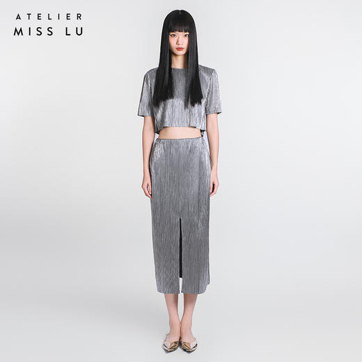 【流光】后领蝴蝶结设计金属感中袖上衣/00217A 商品图0