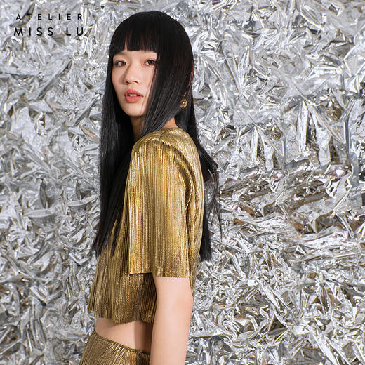 【流光】后领蝴蝶结设计金属感中袖上衣/00217 商品图1