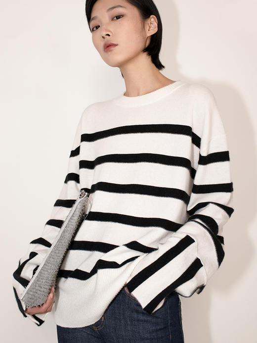 女士2021新款纯山羊绒单股平纹拼色条纹圆领套头衫 商品图0