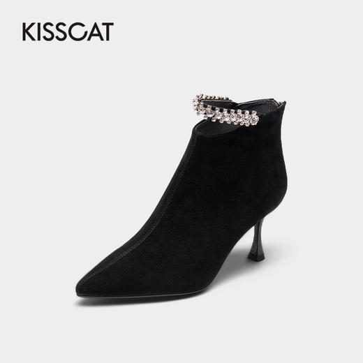 接吻时尚通勤正装细高跟短靴钻链尖头时装靴女KA21782-80 商品图4