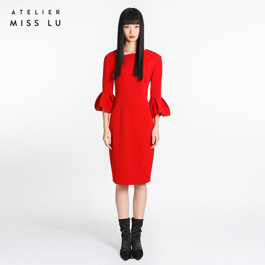 【Madeline 】红色钟形袖肩部挖剪连身裙/ 0000204 商品图0