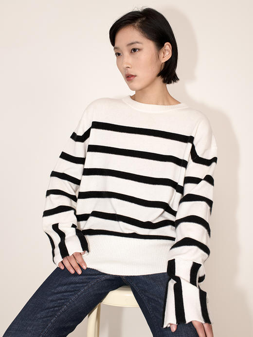 女士2021新款纯山羊绒单股平纹拼色条纹圆领套头衫 商品图2