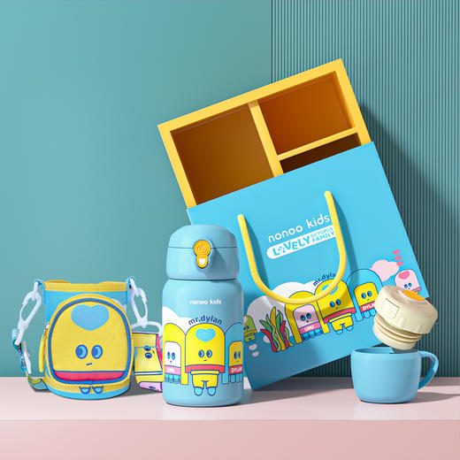nonoo kids NKS500R1章鱼家族儿童保温杯 蓝500ML保温杯学生可爱便携316不锈钢大容量带吸管宝宝水壶幼儿园 商品图0