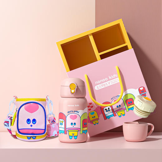 nonoo kids NKS500R1章鱼家族儿童保温杯 粉500ML 保温杯学生可爱便携316不锈钢大容量带吸管宝宝水壶幼儿园 商品图0