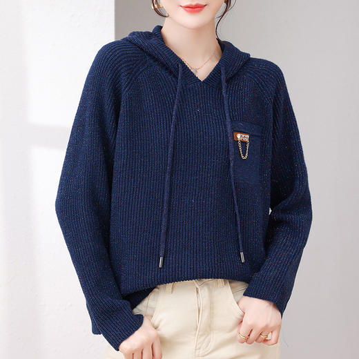 YY- 6-5825 慵懒风毛衣女宽松外穿2021年秋冬季新款含亮丝洋气休闲连帽针织衫 商品图2