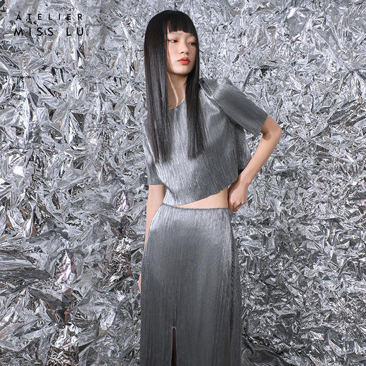 【溢彩】金属感高腰开衩中长款半裙/000121A 商品图3