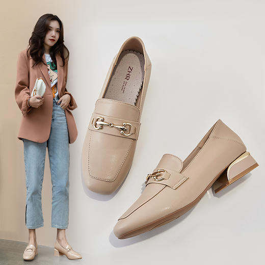 ZHR2022春季新款百搭单鞋粗跟英伦小皮鞋一脚蹬乐福鞋女 商品图0