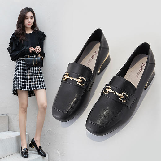 ZHR2022春季新款百搭单鞋粗跟英伦小皮鞋一脚蹬乐福鞋女 商品图1