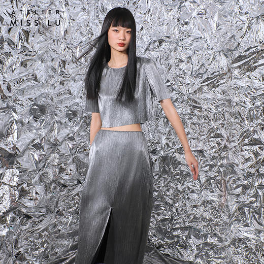 【流光】后领蝴蝶结设计金属感中袖上衣/00217A 商品图1