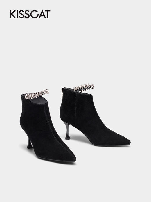 接吻时尚通勤正装细高跟短靴钻链尖头时装靴女KA21782-80 商品图1