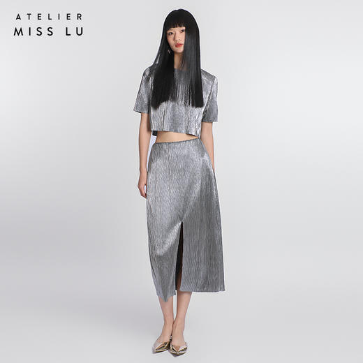 【溢彩】金属感高腰开衩中长款半裙/000121A 商品图0